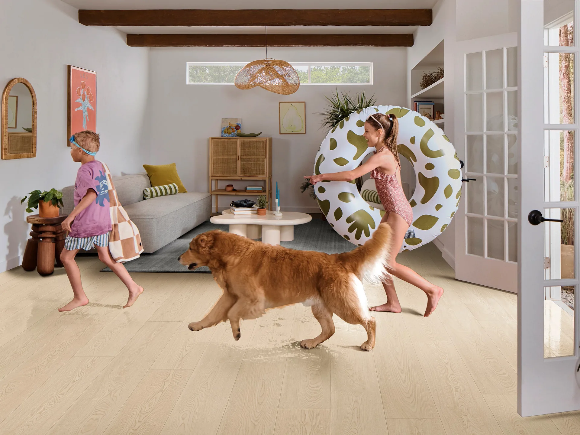 Kids and a golden retriever running across Shaw Komondor laminate in Birchwood Cream. Shaw laminate dealer in Winter Haven, FL
